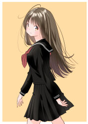 Rule 34 | 1girl, ahoge, black sailor collar, black serafuku, black shirt, black skirt, border, brown eyes, brown hair, from side, long hair, looking afar, making-of available, neckerchief, original, outside border, parted lips, pleated skirt, red neckerchief, sailor collar, school uniform, serafuku, shirt, simple background, skirt, solo, walking, white border, yamanaka kouji (yanchiki2001), yellow background