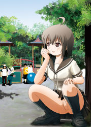 Rule 34 | 1girl, ahoge, anus, black hair, blush, brown eyes, chiru roshutsu, closed mouth, exhibitionism, female focus, full body, hair between eyes, hand on own cheek, hand on own face, kneehighs, loafers, no panties, original, outdoors, park, people, public indecency, pussy, sailor collar, school uniform, serafuku, shoes, short hair, sidelocks, sky, socks, solo, squatting, takapi (chimee house), thighs, tree