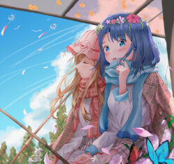 2girls absurdres adachi_sakura adachi_to_shimamura blue_eyes blue_hair blue_scarf blue_sky blush bow brown_hair brown_jacket bug butterfly choppy_bangs closed_eyes cloud cloudy_sky commentary_request cowboy_shot dark_skin day falling_leaves falling_petals floating_hair flower hat hat_bow hat_ribbon head_wreath highres holding_hands hzs_yumu insect jacket lantern leaf lily_(flower) long_hair long_sleeves looking_at_viewer multiple_girls open_clothes open_jacket outdoors paper_lantern parted_lips petals pink_bow pink_flower pink_hat pink_ribbon pink_scarf plaid_clothes plaid_jacket plaid_scarf plaid_skirt playing_with_own_hair pleated_skirt ribbon scarf shimamura_hougetsu shirt simple_bird sitting skirt sky smile tree white_flower white_shirt yellow_flower yuri