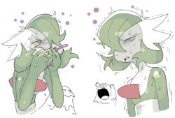Rule 34 | bob cut, colored skin, gardevoir, gen 1 pokemon, gen 3 pokemon, green hair, green skin, grimer, hair over one eye, multicolored skin, multiple views, nintendo, pink eyes, poisoned, pokemon, pokemon (creature), sido (slipknot), simple background, sweat, two-tone skin, white background, white skin