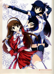2girls absurdres alternate_costume black_legwear blue_eyes blue_hair blush brown_eyes brown_hair company_connection cosplay elbow_gloves fingerless_gloves gloves hairband highres long_hair looking_at_viewer microphone morikawa_yuki morikawa_yuki_(cosplay) multiple_girls nakamura_takeshi non-web_source ogata_rina ogata_rina_(cosplay) ogiso_setsuna open_mouth pleated_skirt ribbon short_sleeves skirt smile thighhighs touma_kazusa white_album_(series) white_album_2 white_legwear zettai_ryouiki