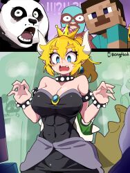 ! !! !? 1girl 3boys absurdres animal_ears aqua_shirt armlet artist_name bare_shoulders black_dress black_fur blonde_hair blue_brooch blue_eyes bongfill bowsette bracelet breasts brown_hair cleavage collar dress earrings furry furry_male hands_up highres horns jewelry kung_fu_panda large_breasts long_dress mario_(series) minecraft minecraft_(style) multiple_boys nacho_libre nacho_libre_(character) nintendo open_mouth panda_boy panda_ears po_(kung_fu_panda) ponytail purple_eyes sharp_teeth shirt short_hair sphere_earrings spiked_armlet spiked_bracelet spiked_collar spiked_shell spiked_tail spikes steve_(minecraft) strapless strapless_dress super_crown tail teeth topless_male trait_connection turtle_shell two-tone_fur upper_body v-neck voice_actor_connection white_fur