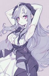 1girl ahoge armpits arms_behind_head arms_up ascot blush breasts highres large_breasts long_hair long_sleeves looking_at_viewer mole mole_under_eye parororo partially_colored pointy_ears presenting_armpit purple_ascot purple_eyes purple_hair sideboob_cutout sketch solo very_long_hair vivian_(zenless_zone_zero) zenless_zone_zero
