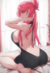 1girl absurdres arms_up ass bare_shoulders barefoot breasts commentary commission eiyuu_densetsu english_commentary feet from_behind highres indoors kakeku large_breasts long_hair looking_at_viewer looking_back parted_lips red_hair sara_valestein sen_no_kiseki_(series) sen_no_kiseki_i smile soles solo thighs yellow_eyes