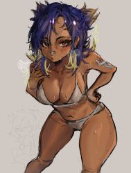 1girl blonde_hair blue_hair blush bra breasts brown_eyes cleavage dark-skinned_female dark_skin feiyuu from_above hand_on_own_hip highres leaning_forward looking_at_viewer medium_breasts multicolored_hair neon_(valorant) panties pursed_lips red_lips simple_background solo sparkle sweat thick_thighs thighs two-tone_hair underwear valorant wet white_background white_bra white_panties