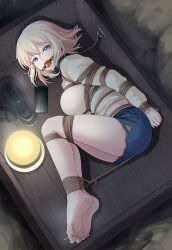 1girl absurdres arms_behind_back ave_mujica_(bang_dream!) ball_gag bang_dream! bang_dream!_it&#039;s_mygo!!!!! bare_legs barefoot bdsm blonde_hair blue_shorts bondage bound bound_arms bound_legs bound_toes box breasts brown_shirt cellphone collar cutoffs denim denim_shorts dirt gag highres in_box in_container iphone lamp large_breasts legs_folded long_sleeves looking_at_viewer lying medium_hair misumi_uika on_side peril phone platform_sandals purple_eyes saliva saliva_trail sandals shirt shorts smartphone soles toes unworn_sandals wooden_box yanx5