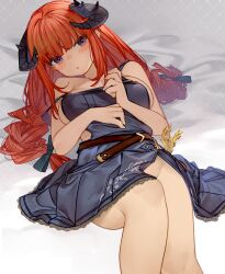 Rule 34 | 1girl, arknights, bagpipe (arknights), black dress, blunt bangs, braid, breasts, dragon horns, dress, highres, horns, kochiya (gothope), long hair, looking at viewer, lying, medium breasts, on back, orange hair, purple eyes, solo, strap slip, twin braids, watermark, watermark grid