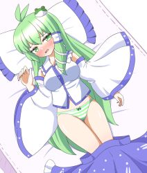 1girl @_@ antenna_hair bare_shoulders bed blue_skirt blush bow bow_panties breasts clothes_pull collared_shirt detached_sleeves embarrassed feet_out_of_frame female_focus frog frog_hair_ornament green_eyes green_hair green_panties hair_ornament hair_ribbon hair_tubes japanese_clothes kochiya_sanae long_hair long_sleeves looking_at_viewer lying midriff_peek on_back open_mouth panties pillow print_panties ribbon shirt skirt skirt_around_knees skirt_pull skirt_set sleeveless sleeveless_shirt snake snake_hair_ornament solo striped_clothes striped_panties touhou underwear very_long_hair wavy_mouth white_shirt wide_sleeves zenji029
