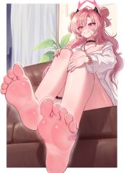 1girl absurdres bandaid bandaid_on_foot barefoot black_choker black_horns blue_archive blush breasts choker cici_(choiyan) double_bun fake_horns feet grin gyaru hair_bun halo highres horn_hairband horns kirara_(blue_archive) long_hair looking_at_viewer pink_hair pink_halo pov pov_legs shirt sitting smile soles solo thigh_strap toes white_shirt
