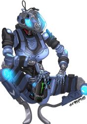 1girl artist_name brand_name_imitation breasts can glowing hand_on_own_thigh highres holding holding_can humanoid_robot kotone_a looking_to_the_side medium_breasts monster_energy pilot_(titanfall_2) robot science_fiction squatting stim_pilot_(titanfall_2) titanfall_(series) titanfall_2 white_background