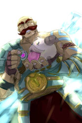 Rule 34 | 1boy, armor, bald, braum (league of legends), brown pants, closed eyes, facial hair, feeding, fingerless gloves, gloves, highres, league of legends, male focus, mitchlin, muscular, muscular male, mustache, pants, poro (league of legends), shoulder armor, smile, thick eyebrows, thick mustache, tongue, tongue out