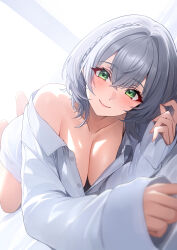 1girl absurdres alternate_costume asymmetrical_hair barefoot blurry blush braid breasts cleavage closed_mouth collarbone collared_shirt commentary crossed_bangs depth_of_field double-parted_bangs dress_shirt french_braid full_body green_eyes grey_hair highres holika_baby hololive large_breasts looking_at_viewer lying morning naked_shirt no_bra off_shoulder on_side pov shirogane_noel shirt short_hair smile solo virtual_youtuber white_shirt wing_collar