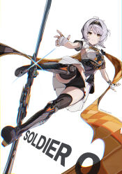 1girl absurdres ahoge anby_demara anby_demara_(silver_soldier) black_boots black_shorts boots breasts character_name fingerless_gloves gloves highres liverpool0427 looking_at_viewer medium_breasts official_alternate_costume shirt shorts smile solo white_gloves white_hair white_shirt yellow_eyes zenless_zone_zero