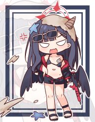 1girl anger_vein assault_rifle bare_shoulders bikini bikini_under_clothes black_bikini black_hair black_jacket black_sandals black_shorts black_wings blank_eyes blue_archive blue_eyes bullpup chibi commentary_request em-2 empty_eyes eyewear_on_head facing_viewer feathered_wings grey-framed_eyewear gun half-closed_eyes halo hana_kazari hand_on_own_hip highres holding holding_gun holding_weapon ichika_(blue_archive) ichika_(swimsuit)_(blue_archive) jacket long_hair long_sleeves low_wings multiple_views navel off_shoulder open_clothes open_fly open_jacket open_mouth open_shorts outline puffy_long_sleeves puffy_sleeves rifle sand sandals short_shorts shorts sleeves_past_wrists standing starfish sunglasses swimsuit v-shaped_eyes very_long_hair wavy_mouth weapon white_outline wings zoom_layer