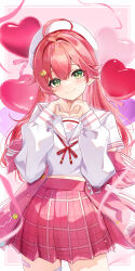 Rule 34 | 1girl, absurdres, ahoge, balloon, bandaid on thigh, beret, blush, cat hair ornament, closed mouth, commentary request, cowboy shot, green eyes, hair between eyes, hair intakes, hair ornament, hands up, hat, heart, heart balloon, heart hands, highres, hololive, jacket, letterman jacket, long hair, long sleeves, looking at viewer, midriff peek, neck ribbon, off shoulder, official alternate costume, open clothes, open jacket, paid reward available, pink hair, pink jacket, pink skirt, plaid clothes, plaid skirt, pleated skirt, puffy long sleeves, puffy sleeves, red ribbon, ribbon, sailor collar, sakura miko, sakura miko (school uniform), school uniform, shirt, skirt, smile, solo, standing, very long hair, virtual youtuber, white hat, white sailor collar, white shirt, white sleeves, yuki haru
