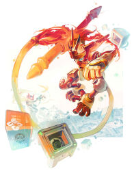 2boys amehatobook armor blonde_hair boots codpiece fighting fire firing gauntlets green_eyes gun hanumachine_(mega_man) helmet highres jumping long_hair looking_at_another mega_man_(series) mega_man_zero_(series) multiple_boys non-humanoid_robot ponytail robot robot_animal staff tail weapon white_background zero(z)_(mega_man) zero_(mega_man)