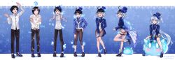 1boy 1girl absurdres ahoge black_hair black_pants black_shoes blue_eyes blue_shoes blush bow breasts clenched_teeth drop-shaped_pupils elisabetlis furina_(genshin_impact) genderswap genderswap_(mtf) genshin_impact gloves hat highres long_hair looking_at_viewer multicolored_hair original pants rain sequential shirt shoes sitting slime_(creature) small_breasts socks surprised symbol-shaped_pupils teeth top_hat transformation transforming_clothes two-tone_hair very_long_hair water white_hair white_shirt white_socks