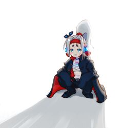 Rule 34 | 1girl, absurdres, alternate costume, alternate hairstyle, and uge, black jacket, black pants, black shoes, blue eyes, blush, chest sarashi, circle facial mark, delinquent, full body, grey hair, grin, haiiro pon, headband, high ponytail, highres, jacket, long hair, looking at viewer, nanashi inc., navel, pants, ponytail, red headband, sarashi, shoes, short bangs, simple background, slav squatting, sleeves past fingers, sleeves past wrists, smile, solo, squatting, thick eyebrows, virtual youtuber, white background