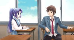 1boy 1girl absurdres alternate_hairstyle asakura_ryoko blazer blue_eyes blue_hair blue_jacket blue_sailor_collar blue_skirt blue_sky book brown_eyes brown_hair brown_pants chair classroom cloud desk highres holding holding_pen indoors ishiyuki jacket kita_high_school_uniform kyon long_hair long_sleeves looking_at_another necktie open_book open_mouth pants pen ponytail red_necktie sailor_collar school_chair school_desk school_uniform serafuku shirt short_hair skirt sky suzumiya_haruhi_no_shoushitsu suzumiya_haruhi_no_yuuutsu talking untucked_shirt white_shirt window writing