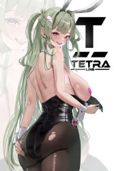 1girl absurdres animal_ears back backboob bare_shoulders black_leotard black_pantyhose blush breasts commentary_request fingernails from_behind goddess_of_victory:_nikke green_hair hair_intakes hair_ornament hairclip hand_on_own_ass heart_pasties highres huge_breasts leotard leotard_lift lifting_own_clothes long_hair looking_at_viewer median_furrow mixed-language_commentary nail_polish open_mouth pantyhose pasties pink_eyes pink_lips playboy_bunny rabbit_ears rossy_(yowayowachimpo) smile soda_(nikke) soda_(twinkling_bunny)_(nikke) teeth thighs tongue tongue_out torn_clothes torn_pantyhose two_side_up upper_teeth_only white_background white_wrist_cuffs wrist_cuffs zoom_layer