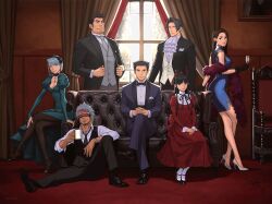 3girls 4boys ace_attorney ascot black_necktie black_shoes black_socks black_suit blue_dress blue_suit bow bowtie chair champagne_flute coffee_mug couch cross cross_necklace crossed_legs cup curtains dick_gumshoe dress drinking_glass eye_mask flower formal_clothes franziska_von_karma frilled_dress frills full_body fur_scarf fuse_takuro godot_(ace_attorney) green_dress grey_curtains grey_hair grey_vest hair_flower hair_ornament hair_ribbon high_heels jewelry long_hair looking_at_viewer maya_fey mia_fey miles_edgeworth mug multiple_boys multiple_girls neck_ribbon necklace necktie on_couch on_floor own_hands_clasped own_hands_together painting_(object) pantyhose phoenix_wright red_carpet red_dress red_ribbon ribbon ring shirt shoes short_hair sleeveless sleeveless_dress socks standing suit tight_clothes tight_dress vest watch white_hair white_shirt white_shoes white_socks white_vest window
