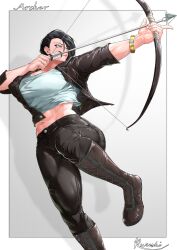 Rule 34 | 1girl, 2024, absurdres, aiming, archery, arrow (projectile), artist name, asymmetrical hair, black boots, black hair, black jacket, black pants, boots, border, bow (weapon), bracelet, breasts, collarbone, commentary, foot out of frame, foot up, green eyes, grey background, hair over one eye, highres, holding, holding weapon, jacket, jewelry, kureshi (hannzi), large breasts, looking ahead, mature female, midriff, muscular, muscular female, navel, original, outside border, pants, red lips, shadow, shirt, short hair, simple background, standing, standing on one leg, weapon, white shirt, yunagi kuroumi (kureshi)