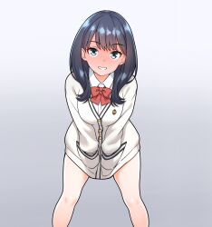 Rule 34 | 1girl, absurdres, black hair, blue eyes, blush, bow, bowtie, breasts, cardigan, commentary request, full-face blush, furaggu (frag 0416), gridman universe, hands in pockets, highres, large breasts, legs, long hair, long sleeves, looking at viewer, red bow, red bowtie, school uniform, solo, ssss.gridman, takarada rikka, thighs, variant set, white cardigan