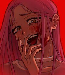 Rule 34 | 1girl, alien stage, blood, blood on face, choker, commentary, crying, crying with eyes open, english commentary, half-closed eyes, hand on own face, highres, long hair, miwtellite, mizi (alien stage), open mouth, pink hair, portrait, red background, smile, solo, tears, white choker