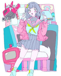 1girl :o bad_id bad_pixiv_id bakui02 blush_stickers border candle crescent drone grey_hair grey_skirt hair_ornament hands_up indoors jacket jaggy_lines lamp long_sleeves looking_at_viewer medium_hair neckerchief open_mouth original pink_eyes pink_jacket pink_sailor_collar pleated_skirt robot sailor_collar school_uniform serafuku shirt skirt socks solo standing television white_border yellow_neckerchief
