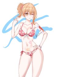 1girl absurdres armlet bikini breasts cleavage genshin_impact hand_on_own_hip highres ikachan jewelry one_eye_closed simple_background solo stomach stomach_tattoo swimsuit tattoo white_background yoimiya_(genshin_impact)