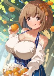 1girl :p absurdres basket blue_skirt blush breasts brown_hair cleavage closed_mouth collarbone commentary_request commission flower food fruit grey_eyes hair_ribbon highres idolmaster idolmaster_cinderella_girls idolmaster_cinderella_girls_starlight_stage kitami_yuzu large_breasts long_sleeves mandarin_orange outdoors ribbon satoyama_meu shirt short_hair skeb_commission skirt smile solo striped_clothes striped_skirt tongue tongue_out tree white_flower white_shirt