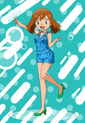 Rule 34 | 1girl, alternate costume, armpit crease, artist name, bare shoulders, blue dress, blue eyes, breasts, brown hair, collarbone, crease, dress, earrings, eyelashes, fankifalu, feet up, female focus, formal clothes, full body, green shoes, hand up, happy, high heels, highres, jewelry, knees, legs, looking down, may (pokemon), medium hair, neck, nintendo, no headwear, open mouth, outstretched arm, pokemon, pokemon rse, scan, shoes, short dress, sidelocks, sleeveless, sleeveless dress, small breasts, swept bangs, thighs