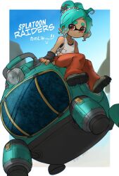 1girl ag_muscle aqua_hair black_gloves border commentary_request copyright_name fingerless_gloves gloves highres inkling inkling_girl inkling_player_character mechanic_(splatoon_raiders) medium_hair nintendo orange_eyes orange_pants outside_border pants shoes short_eyebrows sitting solo splatoon_(series) splatoon_raiders tentacle_hair thick_eyebrows translation_request white_border