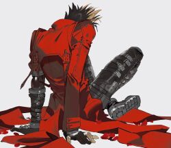 1boy arm_belt arm_support black_boots black_gloves black_hair black_pants boots citronplanet coat commentary flower from_behind full_body gloves grey_background highres knees_up leg_belt long_sleeves male_focus multicolored_hair pants partially_fingerless_gloves petals prosthesis prosthetic_arm red_coat red_flower shoe_soles short_hair simple_background sitting solo spiked_hair trigun two-tone_hair vash_the_stampede white_background