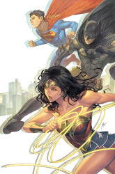 1girl 2boys armor armored_dress armpits bare_shoulders bat_mask batman batman_(series) belt black_boots black_cape black_gloves black_hair black_mask blank_eyes blue_eyes blue_pants blue_shirt blue_skirt boots bracer breasts cape cityscape cleavage clenched_hands clenched_teeth collarbone dc_comics dress elbow_gloves floating_cape floating_hair gloves gold_bracer gold_tiara grey_pants grey_shirt holding_lasso homare_(fool&#039;s_art) justice_league large_breasts lasso lasso_of_truth lipgloss long_hair looking_ahead looking_down looking_to_the_side mask mature_female mature_male miniskirt multiple_boys muscular muscular_female muscular_male open_mouth pants red_boots red_cape red_dress red_shorts shirt short_hair shorts sidelocks signature skirt strapless strapless_dress striped_clothes striped_dress striped_skirt superhero_costume superman superman_(series) teeth thighs tiara wavy_hair white_background wonder_woman wonder_woman_(series) yellow_belt