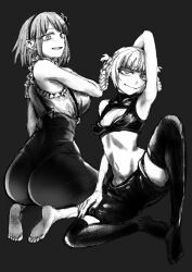 2girls armpits ass barefoot dagashi_kashi feet hairband highres light_smile long_hair looking_at_viewer medium_hair monochrome multiple_girls nanakusa_nazuna_(yofukashi_no_uta) open_mouth reiquant shidare_hotaru soles thighhighs toes yofukashi_no_uta