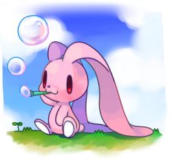Rule 34 | :3, all-purpose bunny, animal, animal focus, blowing bubbles, bubble, choko (sweetpocket), cloud, commentary, grass, holding, itazuraguma no gloomy, no humans, outdoors, plant, rabbit, red eyes, sitting, solid oval eyes, solo, tail