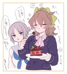 2girls amane_(7783) black_socks blue_eyes blue_jacket blue_neckerchief blush bow brown_hair cake closed_mouth commentary_request eating folded_ponytail food green_bow grey_hair grey_sailor_collar grey_skirt hair_bow half_updo highres holding holding_food holding_plate jacket kneehighs long_hair long_sleeves mole mole_under_eye multiple_girls neckerchief open_mouth original pink_skirt plate pleated_skirt sailor_collar school_uniform serafuku shirt short_hair skirt socks translation_request white_shirt