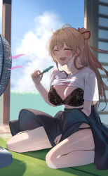1girl ^_^ absurdres black_bra black_panties black_skirt blue_sky blush bra breasts brown_hair cleavage closed_eyes clothes_lift cloud cloudy_sky commentary_request day electric_fan food furen_e_lustario hair_ribbon hamigaki_(hikaruyusi) highres holding holding_food holding_popsicle large_breasts long_hair melting_popsicle nijisanji open_mouth panties ponytail popsicle red_ribbon ribbon shirt shirt_lift short_sleeves sitting skirt skirt_lift sky smile solo thighs underwear virtual_youtuber white_shirt