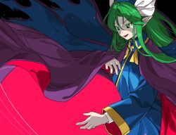 1girl black_sky blue_jacket cape green_eyes green_hair highres jacket kaigen_1025 looking_down mima_(touhou) open_mouth pale_skin purple_cape shirt sky smile solo touhou touhou_(pc-98) white_shirt