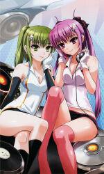Rule 34 | 2girls, absurdres, bare shoulders, beatmania iidx, beatmania iidx 19 lincle, bemani, breasts, cleavage, fingerless gloves, gloves, goli matsumoto, green eyes, green hair, hair between eyes, hair ornament, headphones, highres, kitami erika, long hair, medium breasts, mizushiro celica, multiple girls, official art, phonograph, pink eyes, pink hair, side ponytail, sidelocks, thighs, turntable, twintails, white gloves
