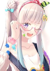 1girl ;d absurdres adjusting_eyewear airani_iofifteen airani_iofifteen_(1st_costume) blush borumete collarbone glasses gradient_hair hair_bun hairband highres hololive hololive_indonesia long_hair looking_at_viewer multicolored_hair one_eye_closed open_mouth overalls paint_splatter pink-tinted_eyewear pink_hair pink_shirt purple_eyes semi-rimless_eyewear shirt side_bun side_ponytail simple_background single_side_bun smile solo tinted_eyewear under-rim_eyewear virtual_youtuber white_background