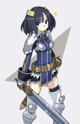 &gt;:( 1girl armor belt belt_buckle black_hair black_thighhighs blue_eyes breastplate breasts brown_belt brown_gloves buckle character_request closed_mouth gloves hair_ornament highres holding holding_sword holding_weapon leg_armor long_sleeves looking_at_viewer majo_to_hyakkihei medium_hair miniskirt scabbard sheath shoulder_armor silver_armor simple_background skirt solo sparkle suaman sword thighhighs v-shaped_eyebrows weapon white_background zettai_ryouiki