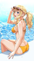 1girl ass back bare_shoulders bikini blonde_hair blush braid breasts butt_crack dimples_of_venus earrings eyewear_on_head from_side half-closed_eyes halterneck highres idolmaster idolmaster_cinderella_girls jewelry large_breasts looking_at_viewer nail_(hardware) nail_polish nigou ohtsuki_yui open_mouth pink_lips pink_nails ponytail pool sideboob sidelocks sitting smile string_bikini sunglasses swimsuit underboob water wet yellow_bikini