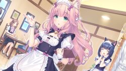 2girls :d animal_ear_fluff animal_ears apron architecture bell black_bow blue_bow blue_hair blush bow cat_ears cat_girl chair chef closed_eyes day dessert door door_handle east_asian_architecture fake_animal_ears fern food fraise_(nekopara) game_cg gold_bell green_eyes hair_bow hands_on_own_face heart highres indoors logo long_hair maid maid_apron maid_headdress minazuki_shigure multiple_girls neck_bell nekopara non-web_source official_art open_mouth people picture_frame pink_bow pink_hair sayori_(neko_works) short_hair sitting smile table white_bow window