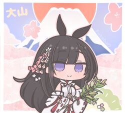 Rule 34 | 1girl, animal ears, artist name, azur lane, bare shoulders, black hair, bra, breasts, character name, chibi, chibi only, commentary, daisen (azur lane), detached sleeves, futaba (anti clockwise), hair ornament, holding, holding bra, holding underwear, holding unworn clothes, horse ears, horse girl, long hair, looking at viewer, medium breasts, purple eyes, solo, symbol-only commentary, underwear, wide sleeves