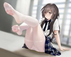 Rule 34 | 1girl, ass, black bow, black bowtie, black hair, bow, bowtie, brown eyes, feet, highres, jokanhiyou, legs, light smile, long hair, looking at viewer, no shoes, original, panties, pantyhose, paw print, paw print soles, plaid clothes, plaid skirt, pleated skirt, see-through clothes, see-through legwear, shirt, short sleeves, signature, sitting, skirt, solo, thighband pantyhose, toes, underwear, white panties, white pantyhose, white shirt