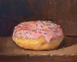 artist_name commentary donut english_commentary food food_focus icing noah_verrier oil_painting_(medium) original painting_(medium) pastry shadow sprinkles still_life traditional_media