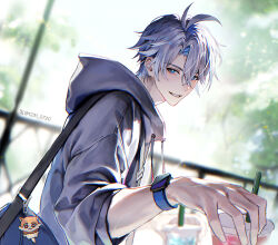 Rule 34 | 1boy, alternate costume, antenna hair, bag, blue eyes, casual, charm (object), chimera (honkai: star rail), commentary, drawstring, drink, english commentary, grey hoodie, holding, holding drink, honkai: star rail, honkai (series), hood, hood down, hoodie, incoming gift, looking at viewer, male focus, np (1231 0720), phainon (honkai: star rail), short hair, sleeves rolled up, smile, solo, twitter username, watch, white hair, wristwatch