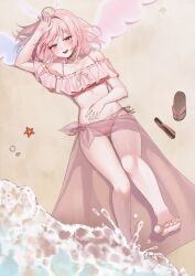 Rule 34 | 1girl, absurdres, arm up, bare legs, bare shoulders, barefoot, beach, bikini, commission, feet, frilled bikini, frills, full body, hand on own stomach, hat, highres, looking at viewer, lying, mini hat, on back, open mouth, original, pink bikini, pink hair, sarong, second-party source, shant 07, short hair, side-tie bikini bottom, single hair intake, slippers, smile, solo, swimsuit, teeth, toes, unworn slippers, upper teeth only, water, wings, yellow eyes